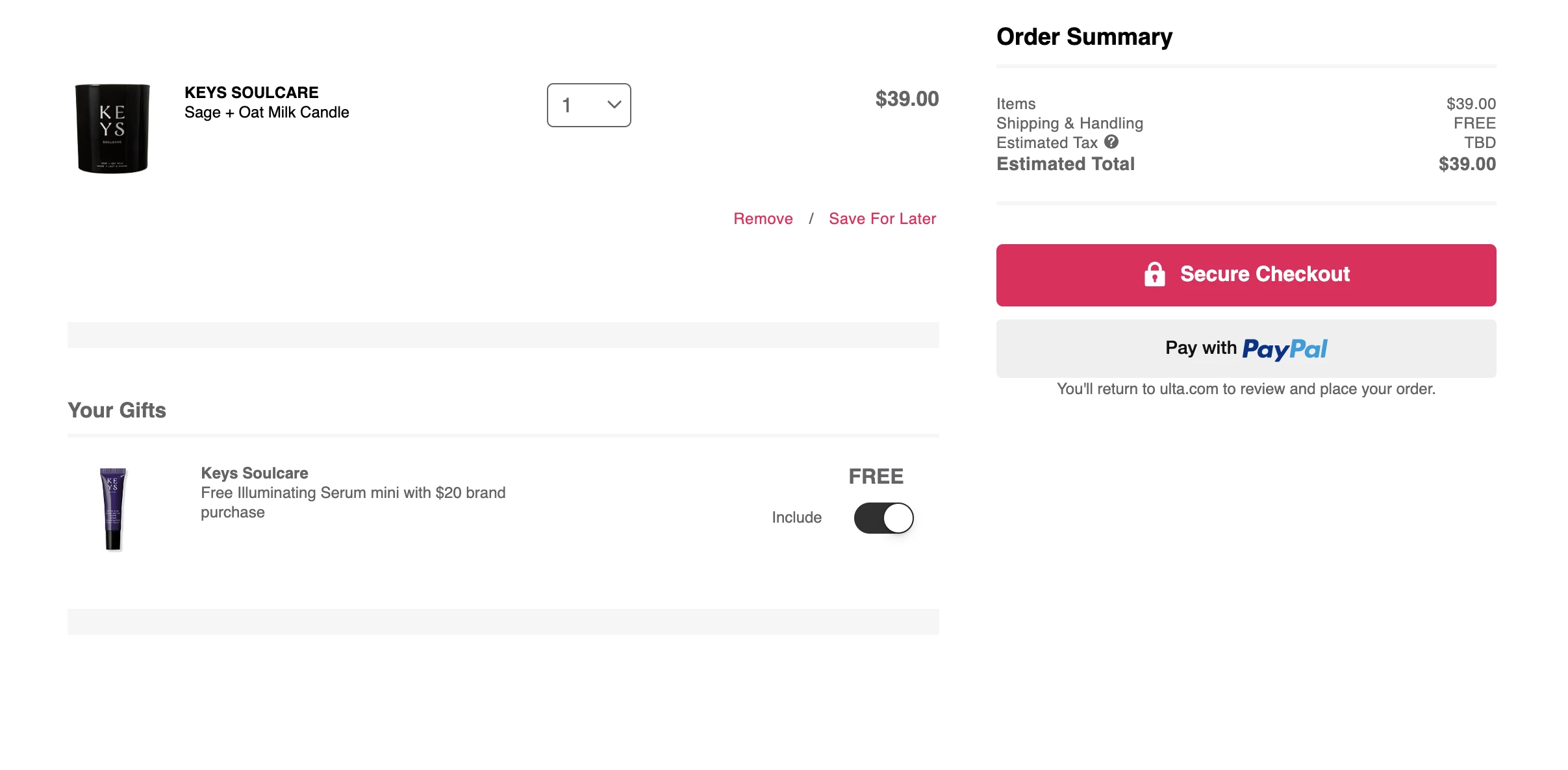 Screenshot from the Ulta Beauty secure checkout page