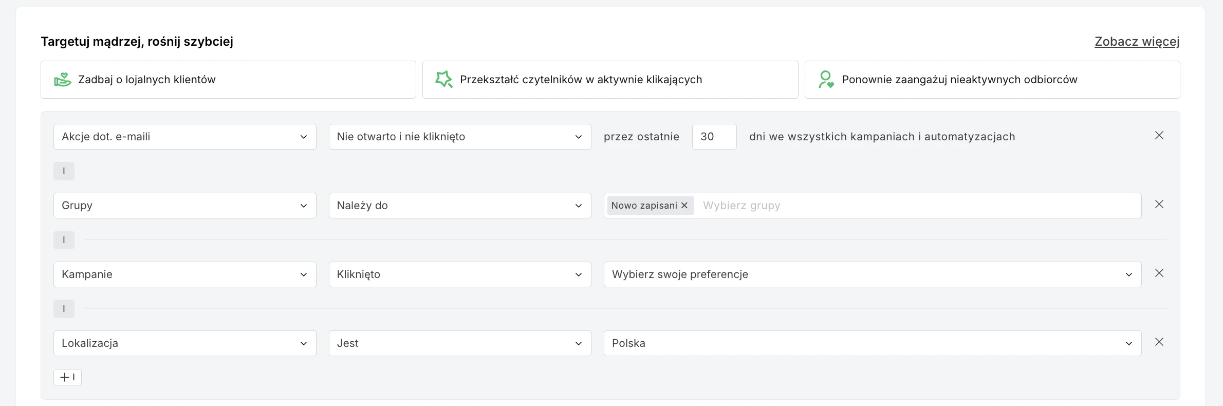 Panel zarządzania subskrybentami z połączonymi segmentami – MailerLite