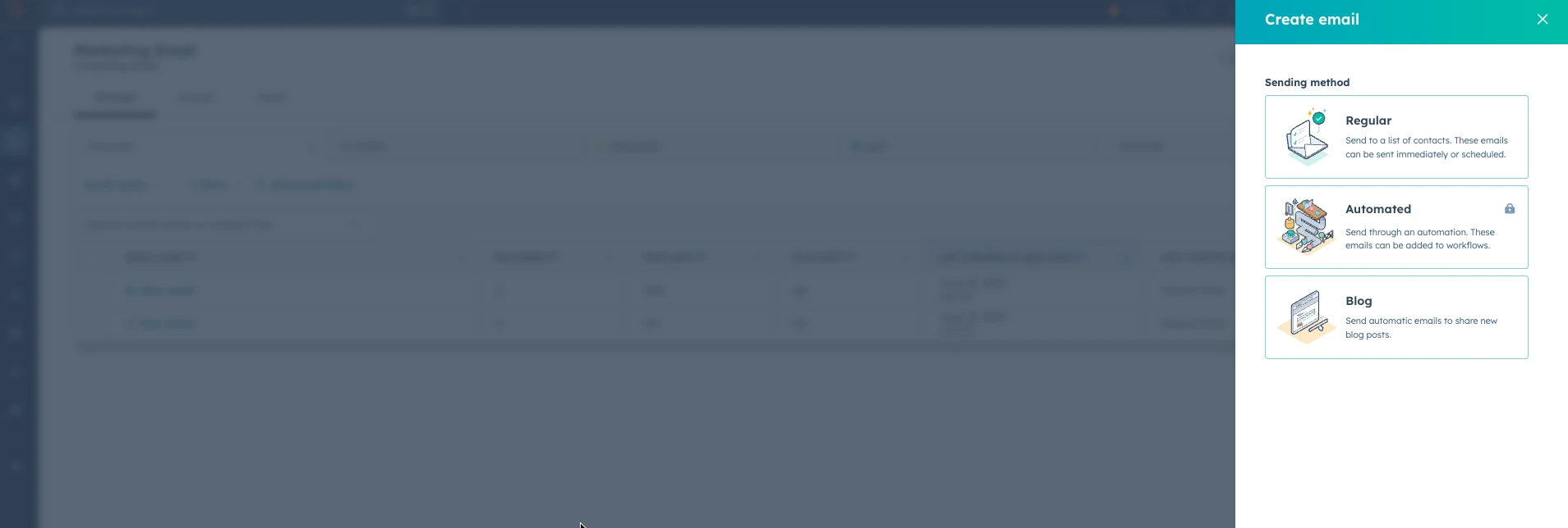 Selecting the kind of email to create on HubSpot 