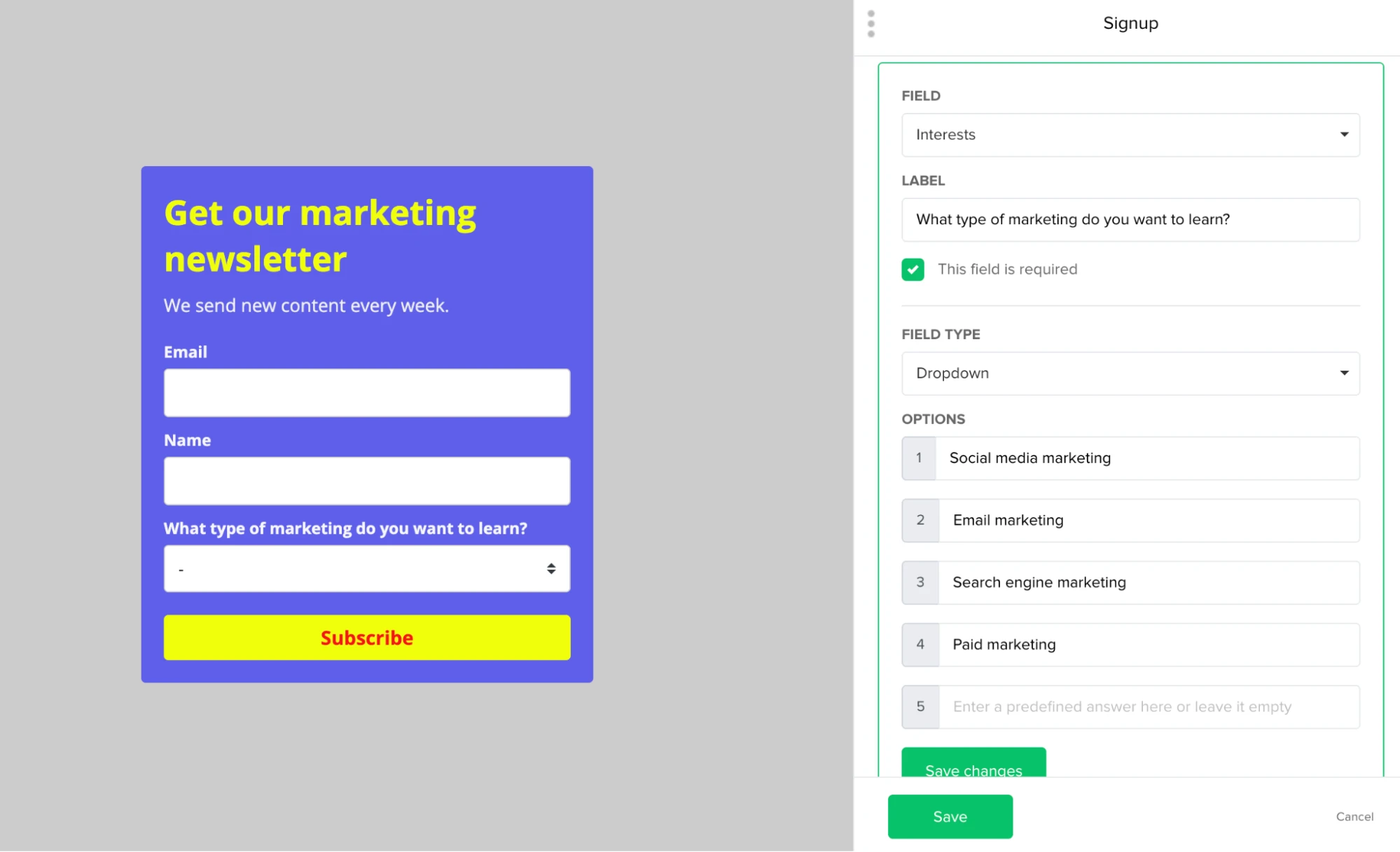 Screenshot showing signup form field settings