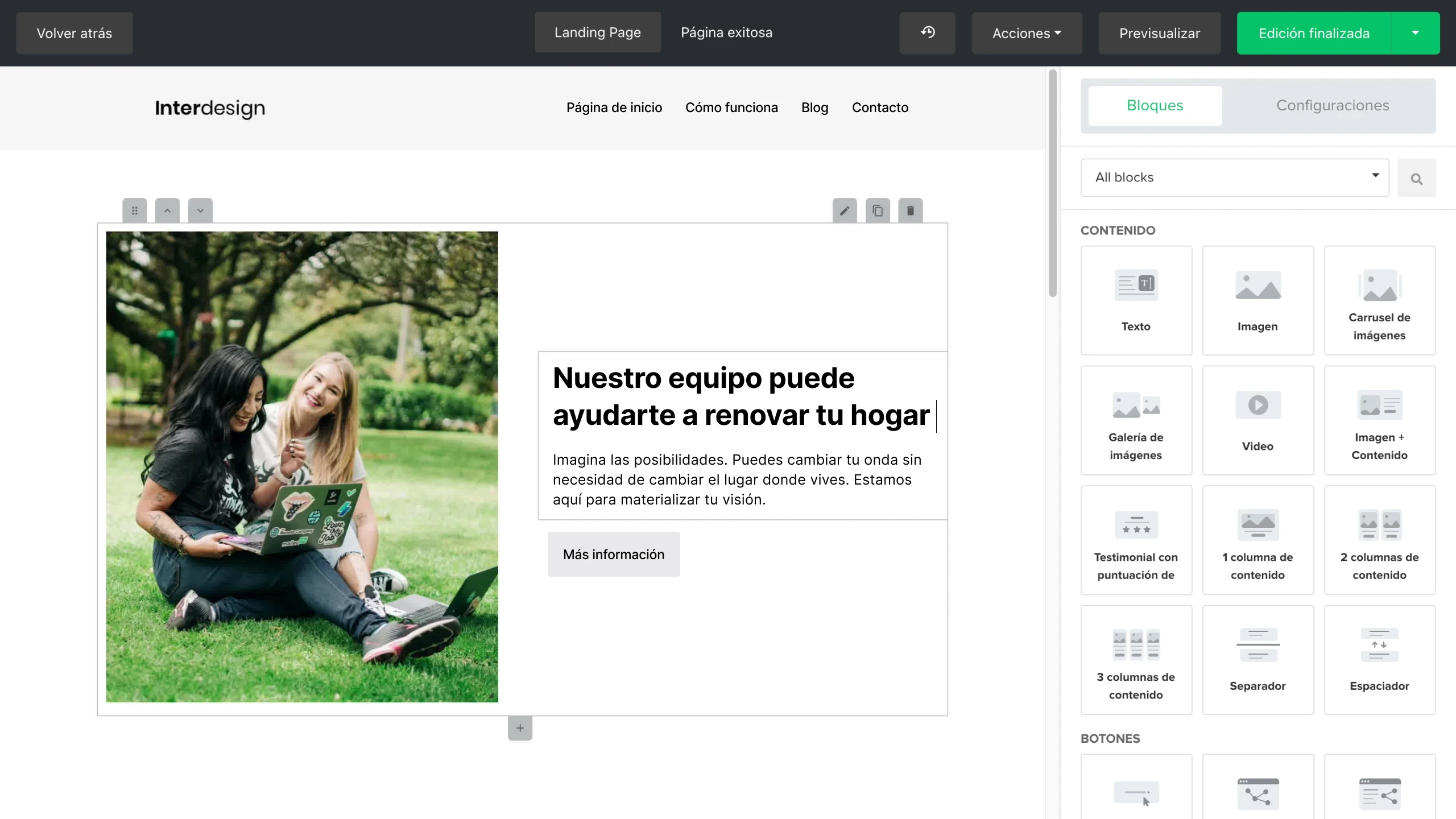 vista del editor de página web de mailerlite.