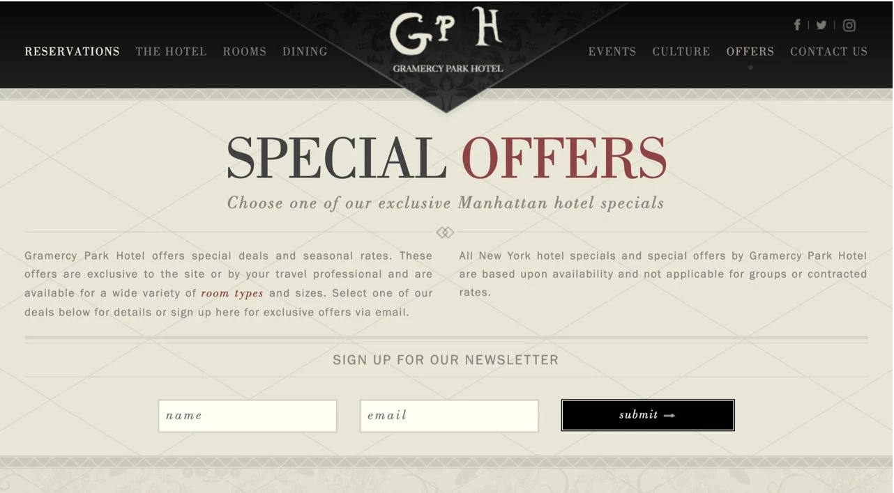 Gramercy Park Hotel signup form example special offer