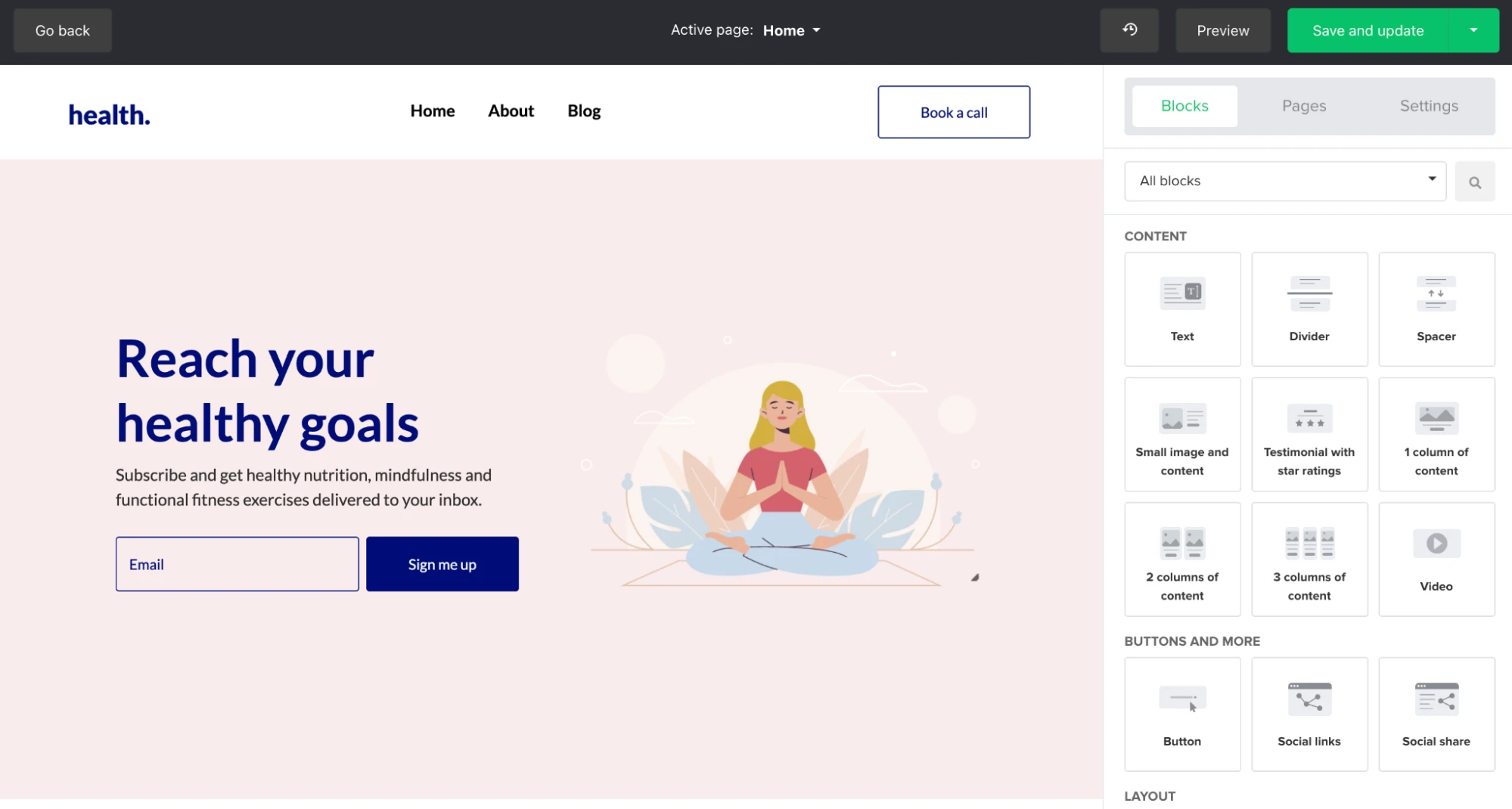 Signup form block in the MailerLite website builder