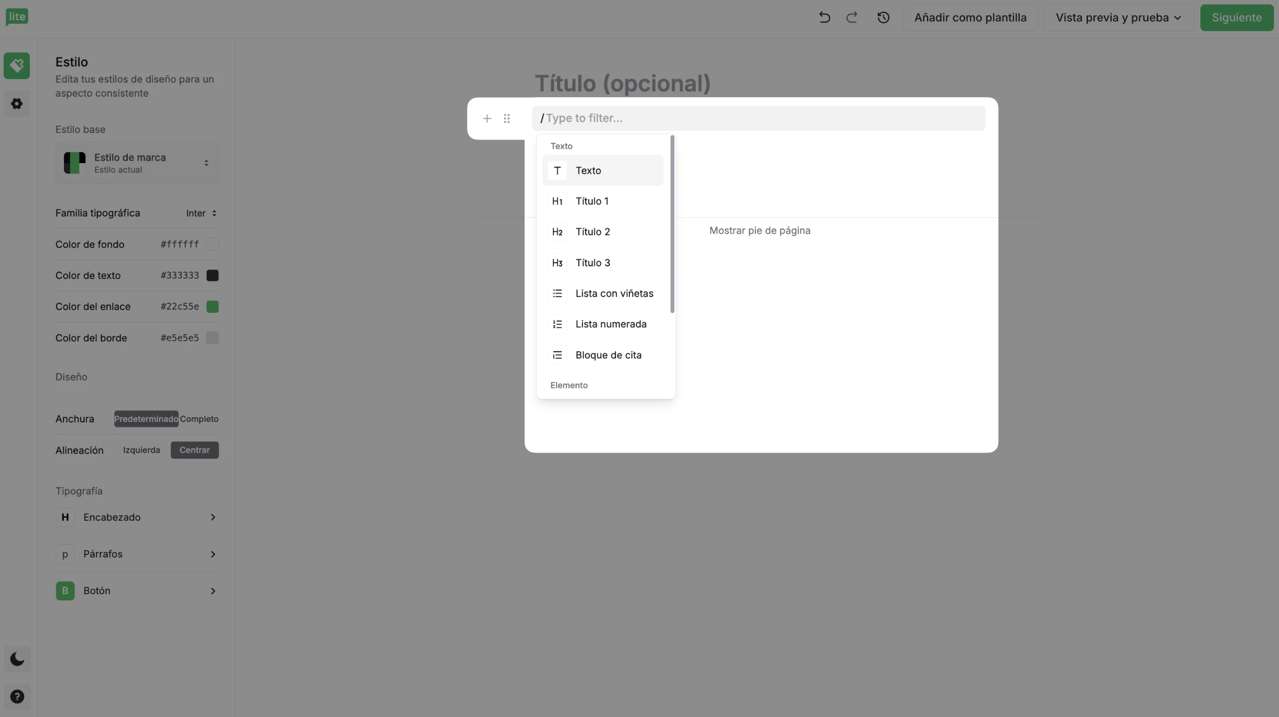 Panel de control del Editor de email sencillo
