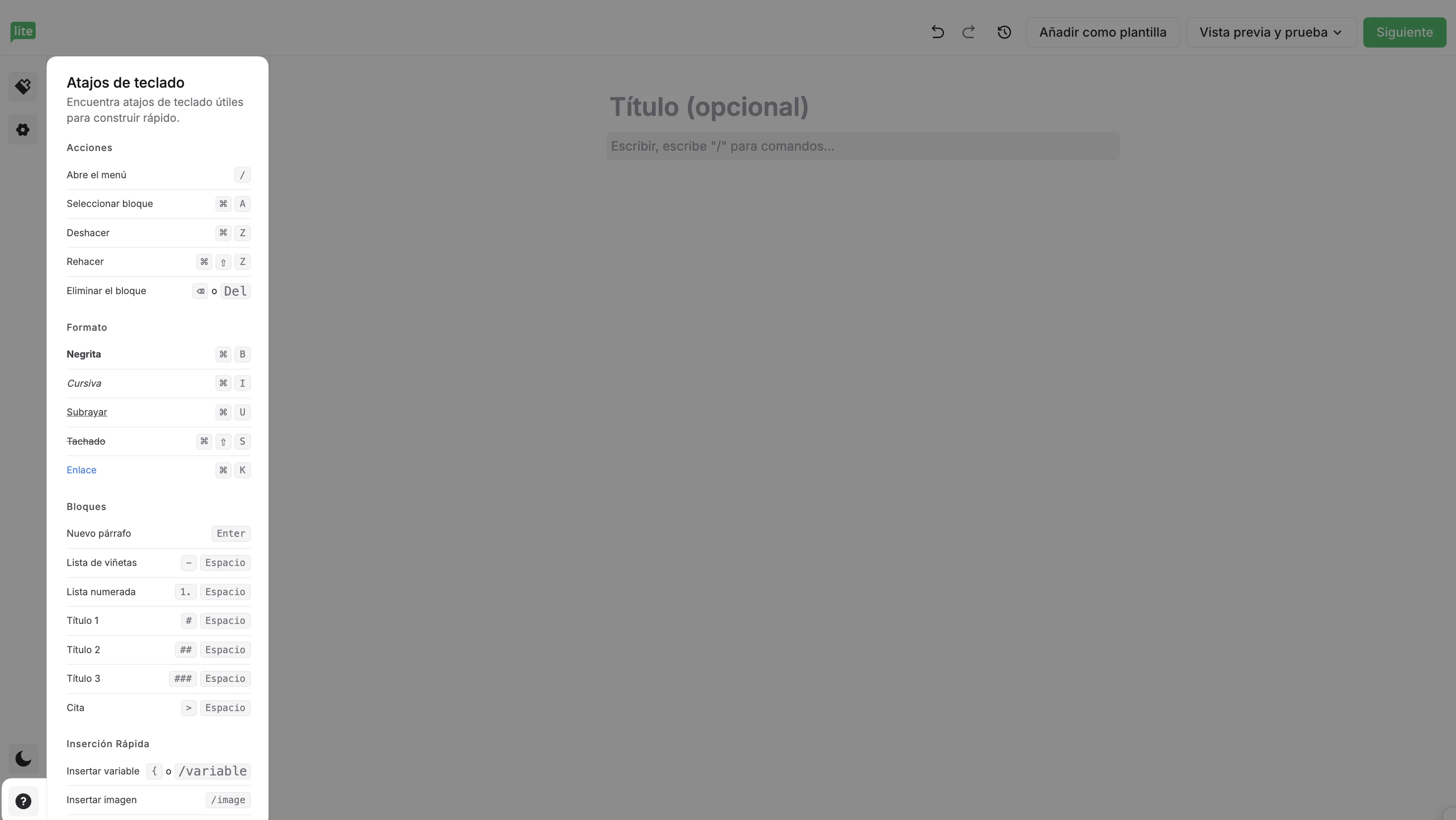 Opciones de atajos de teclado en el editor de email sencillo.
