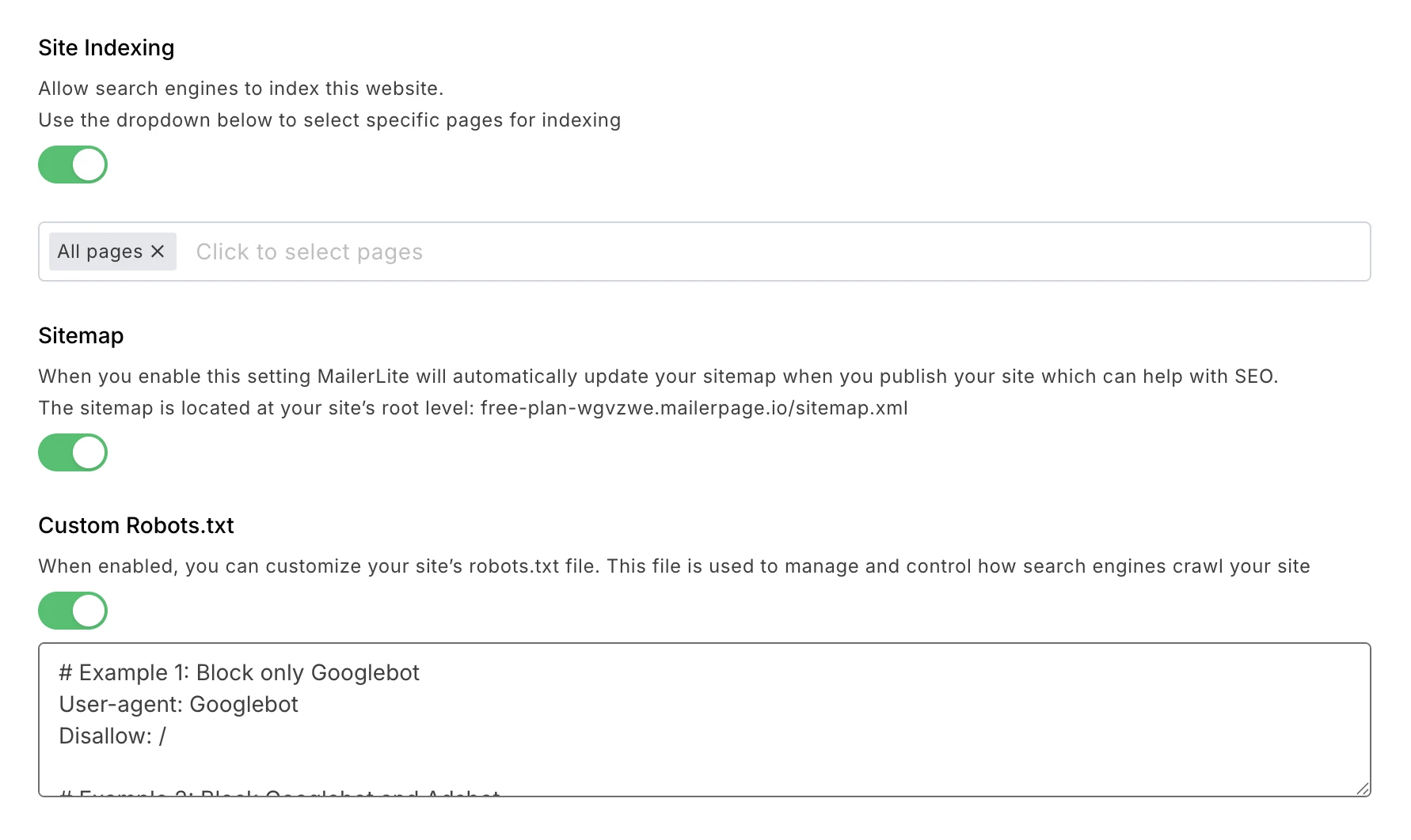 MailerLite Robots.txt file settings