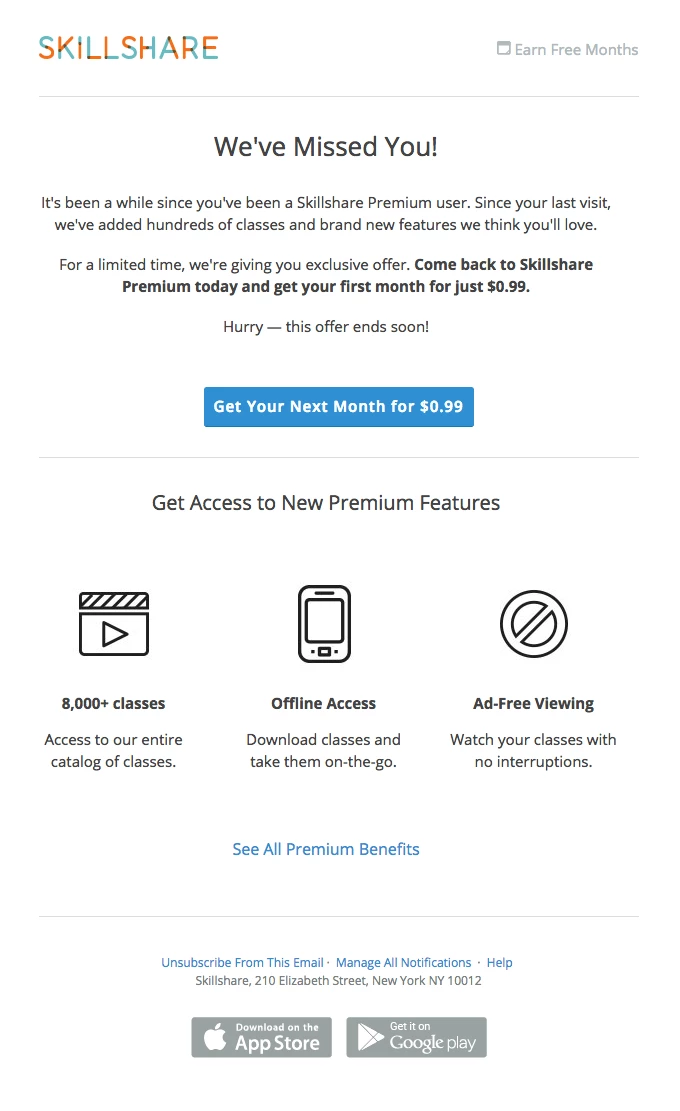 Skillshare re engagement email example black and white with blue cta