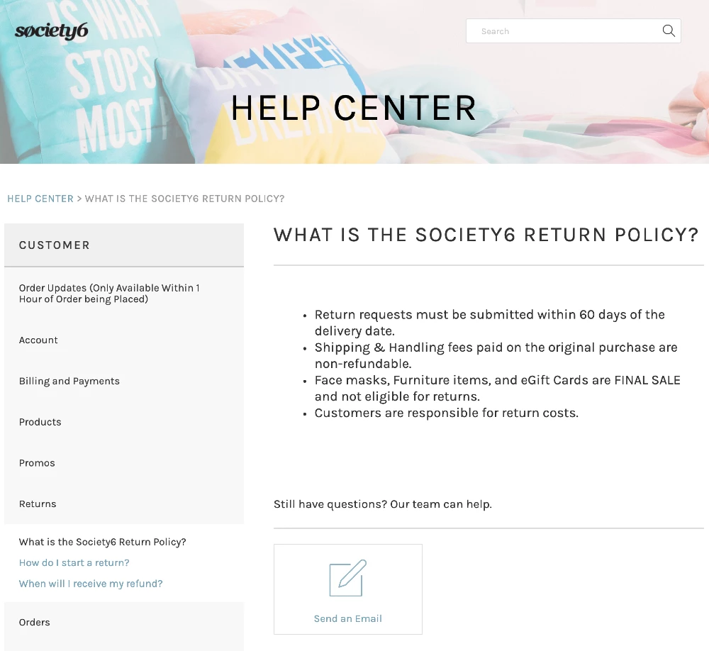 Society6's help center with return policy and refund page