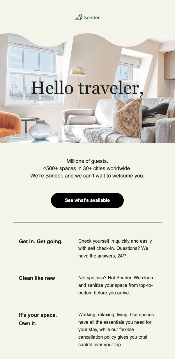 Sonder travel email example
