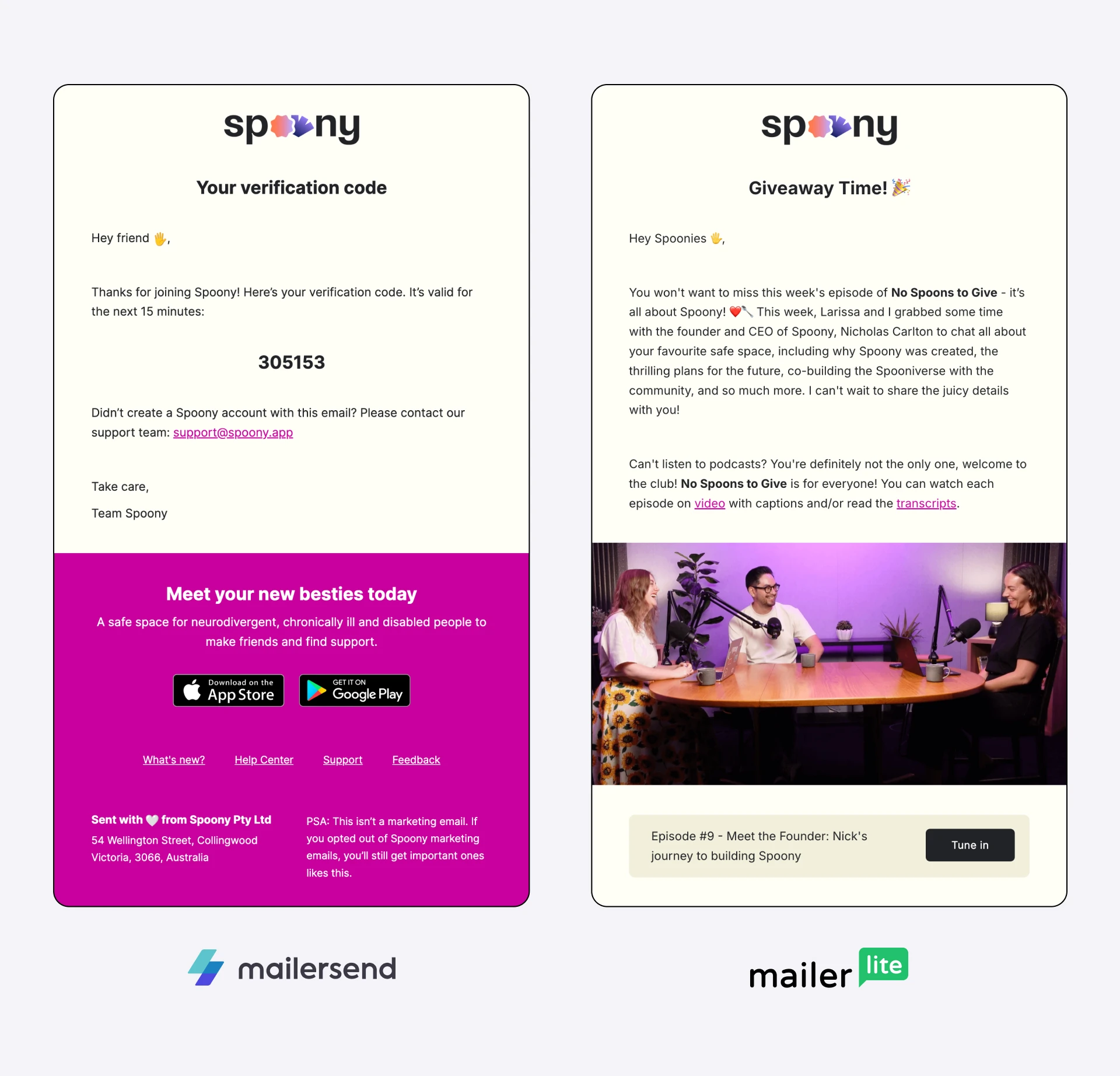 Screenshots of emails from MailerSend and MailerLite