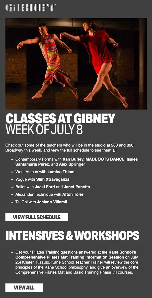 Gibney fitness newsletter email with video example grey background white text