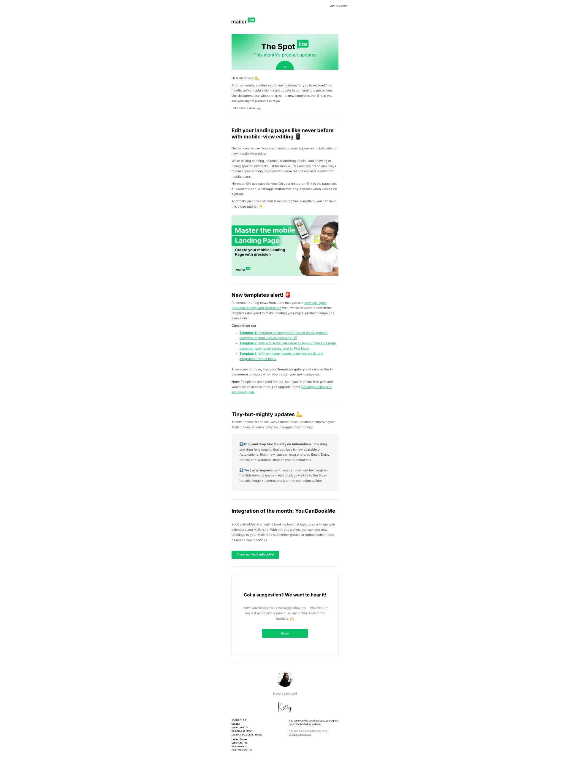A product update email by MailerLite