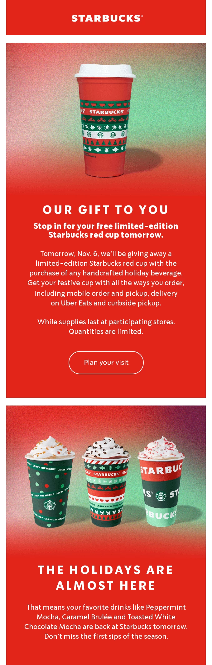 Starbucks Christmas email in red and green colors with festive drink cups