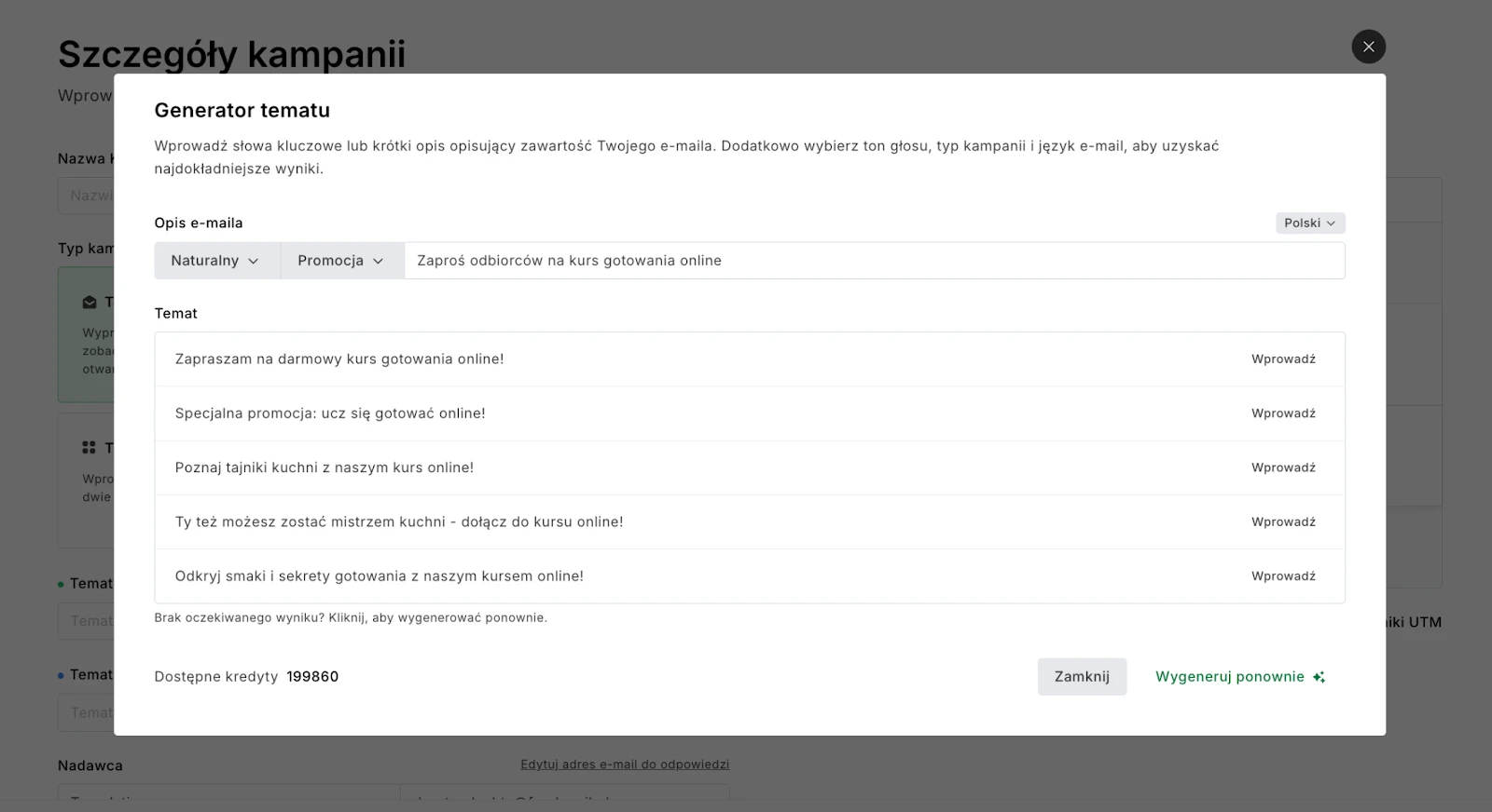 Zrzut ekranu przedstawiający tematy wiadomości wygenerowane przez generator tematów wiadomości MailerLite oparty na sztucznej inteligencji.