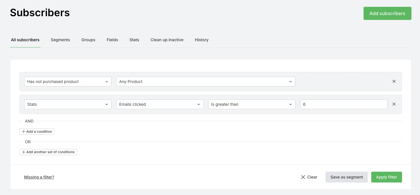 Subscriber filtering options in MailerLite