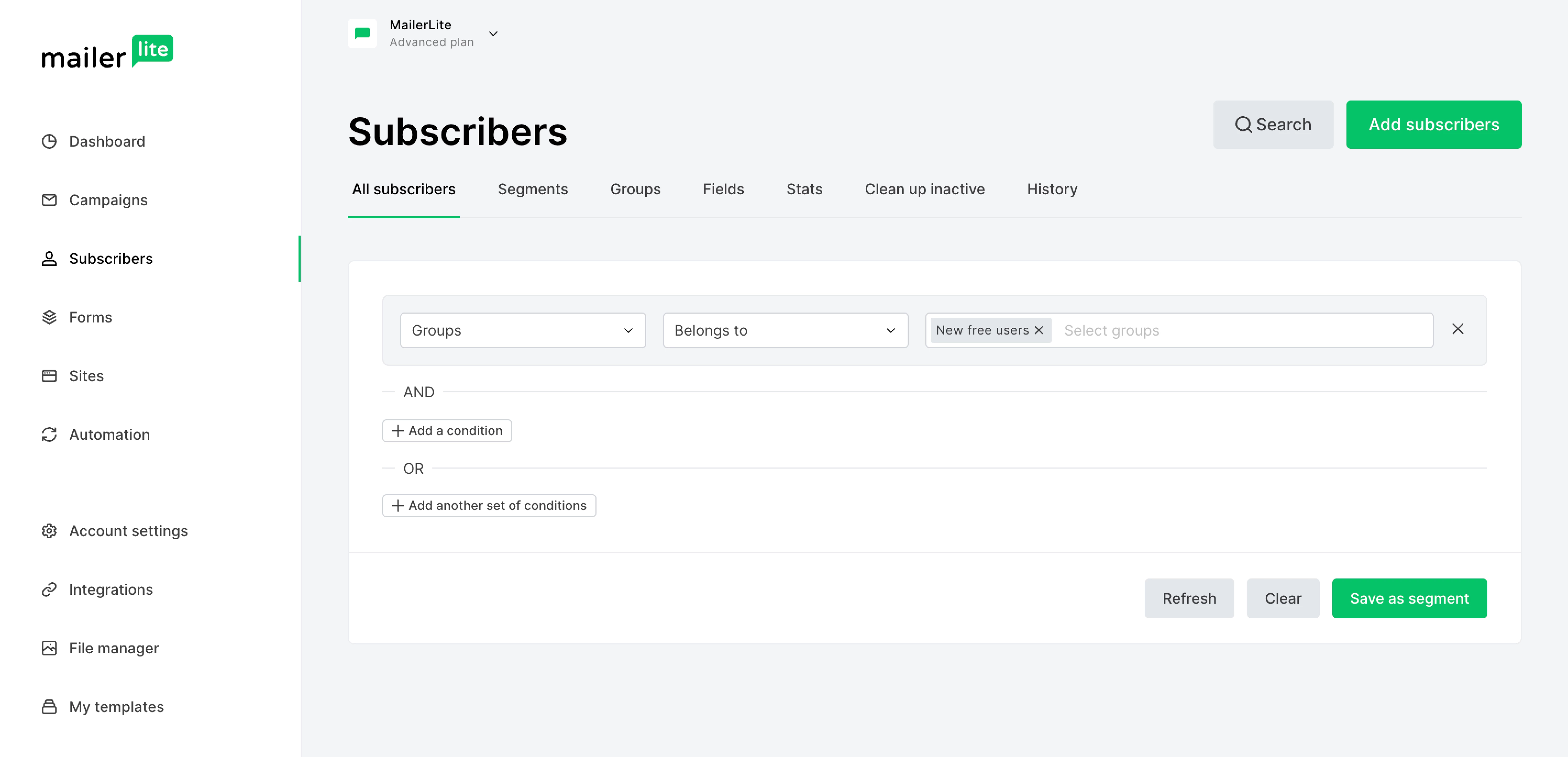 Screenshot of subscriber filters by group