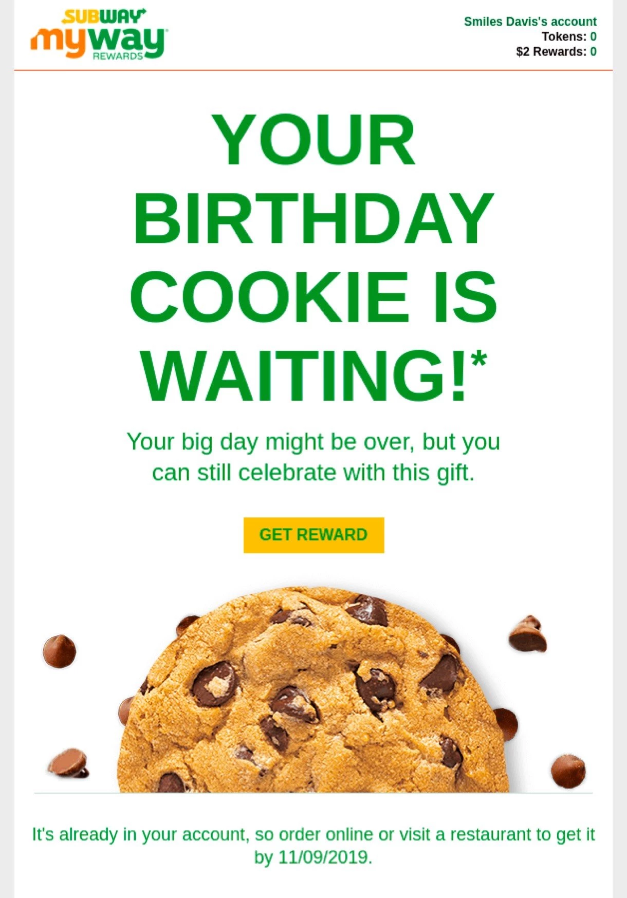 Subway birthday email