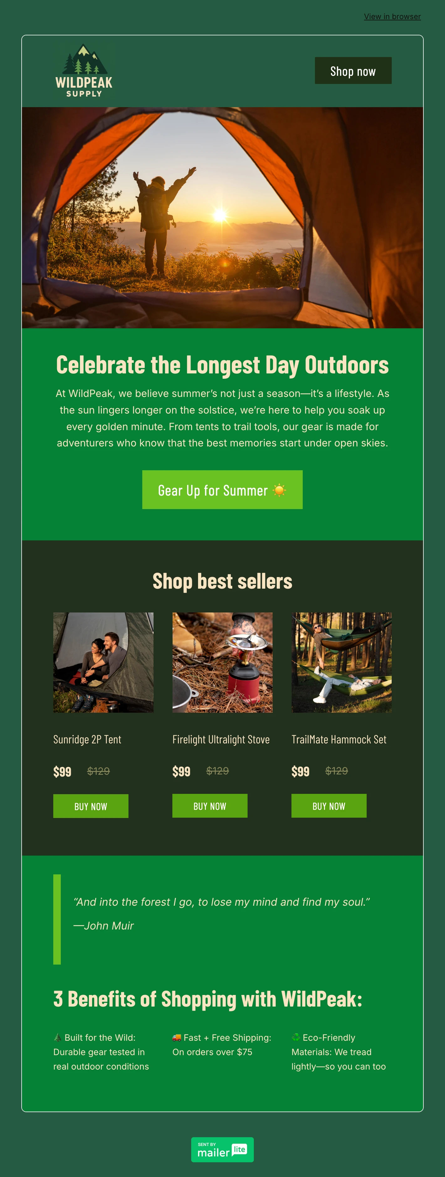 Summer solstice email for an outdoor brand