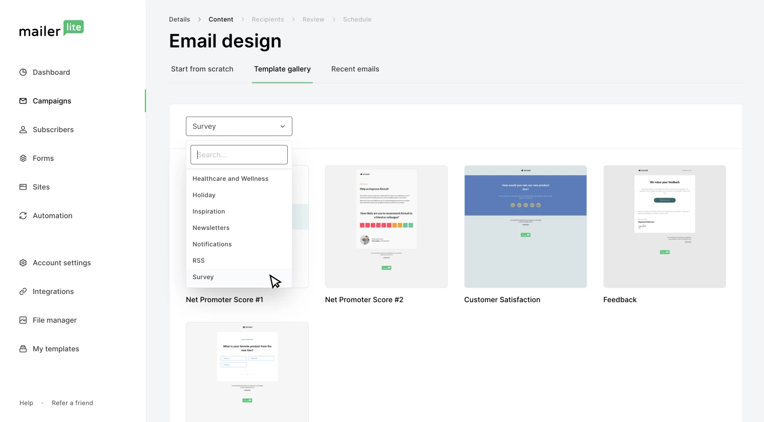 MailerLite's HTML email survey templates gallery