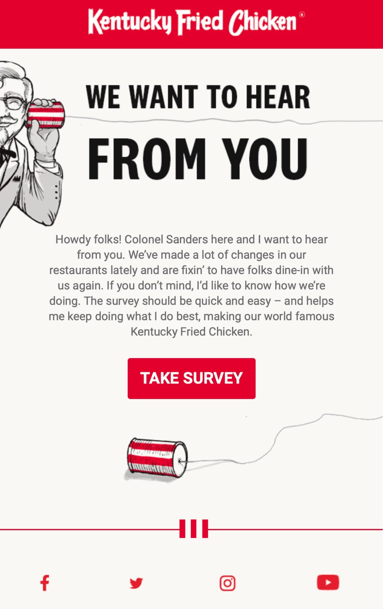 KFC survey email with an illustration of Colonel Sanders holding a cup phone with the title: 