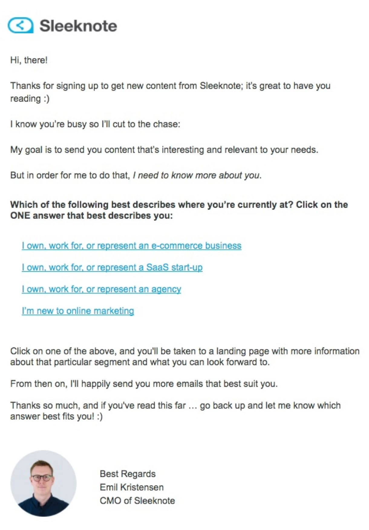 Email survey invitation from Sleeknote with the links to segments subscribers based on their job titles. 