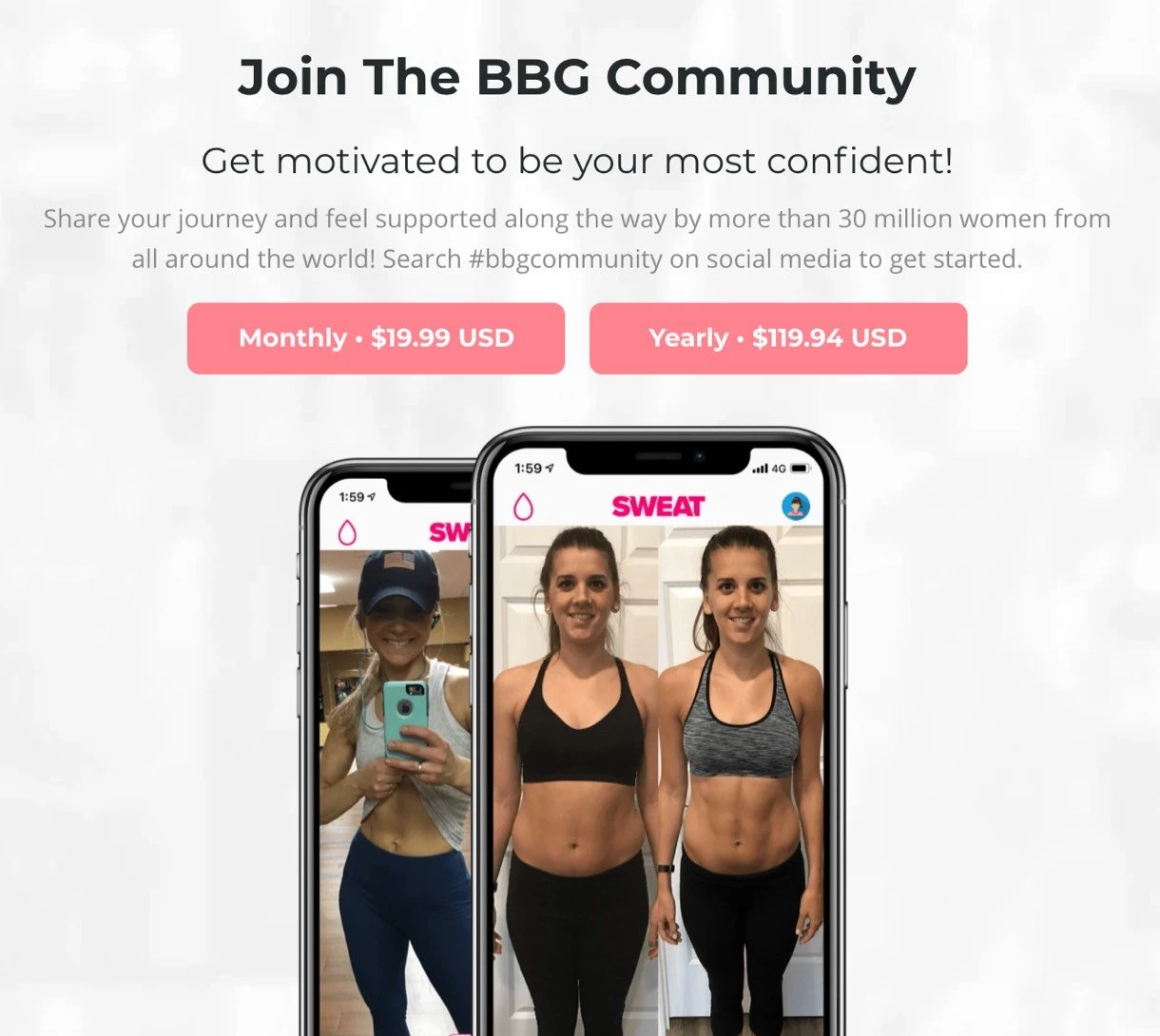 social proof example landing page using numbers kayla itsines join bbg community