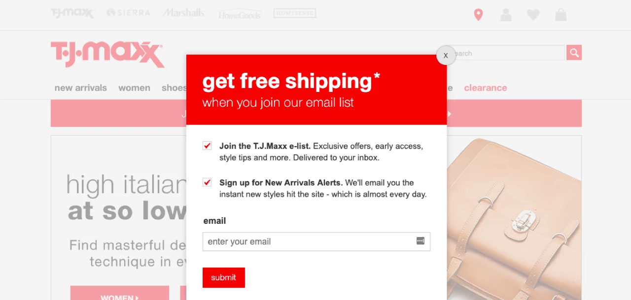 T.J. Maxx signup form example