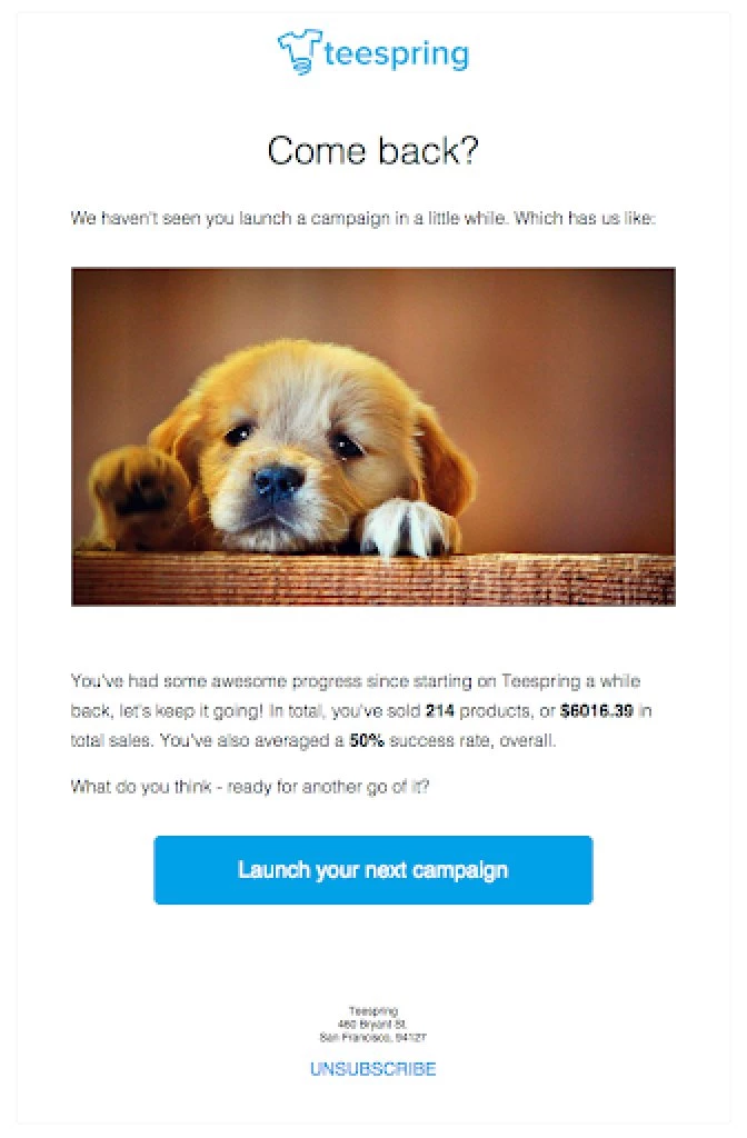 teespring funny email example come back puppy picture