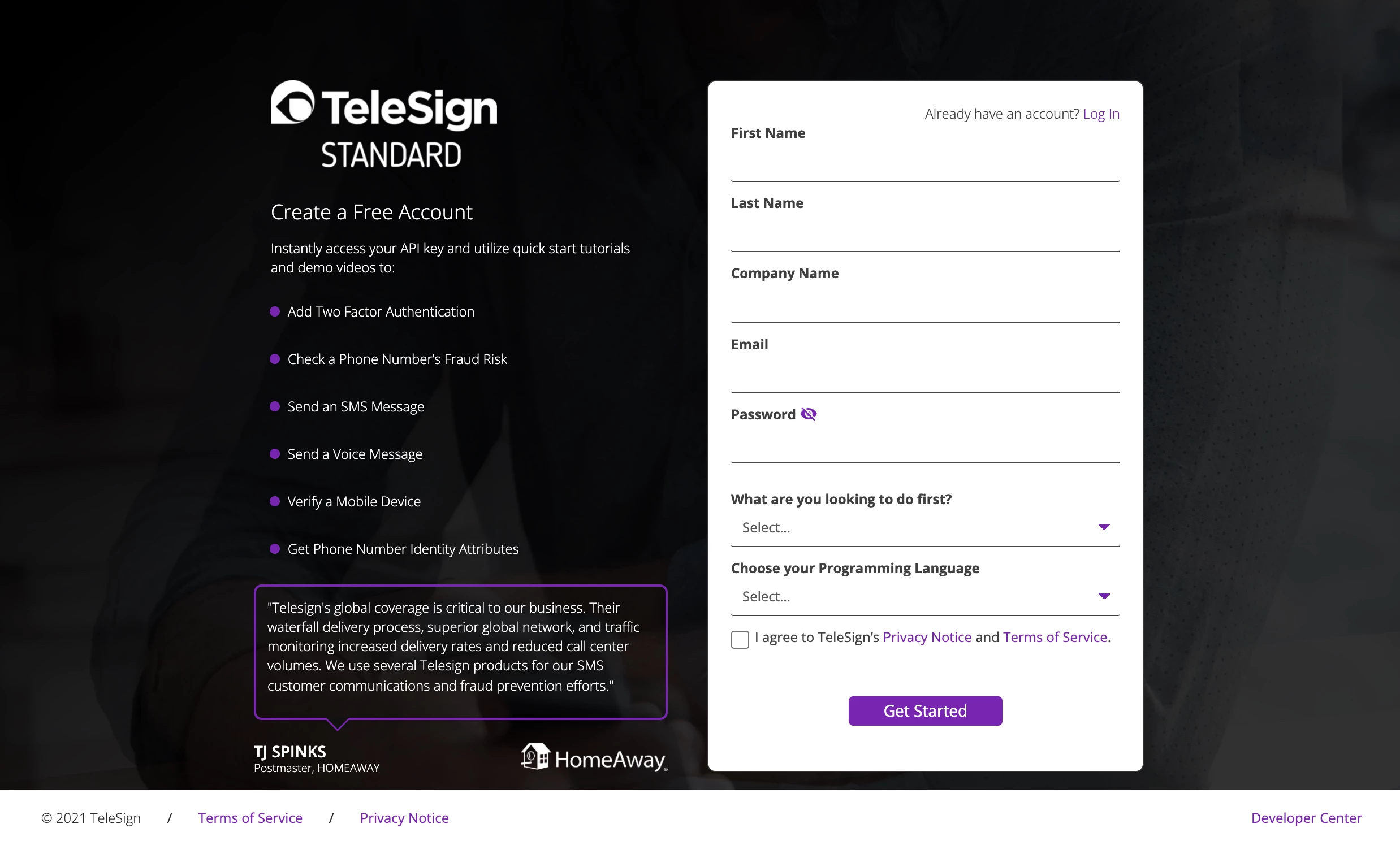 telesign lead capture landing page with white form on black background and bullet points