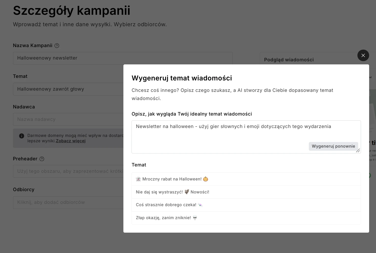 Zrzut ekranu generatora tematów AI w MailerLite z przykładami halloweenowych tematów