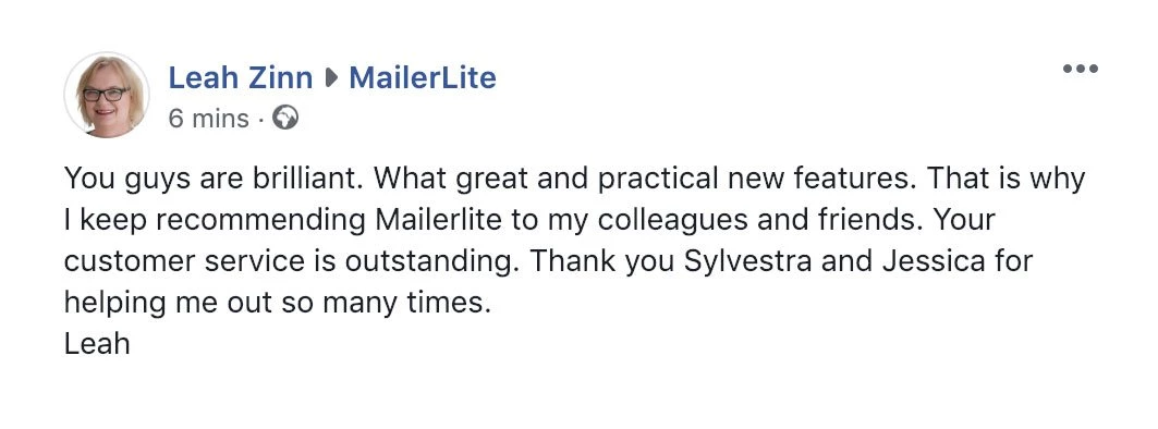 Testimonial on mailerlite facebook community great support
