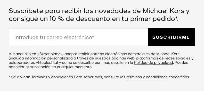 Ejemplo de formulario de suscripción con lead magnet de MichaelKors