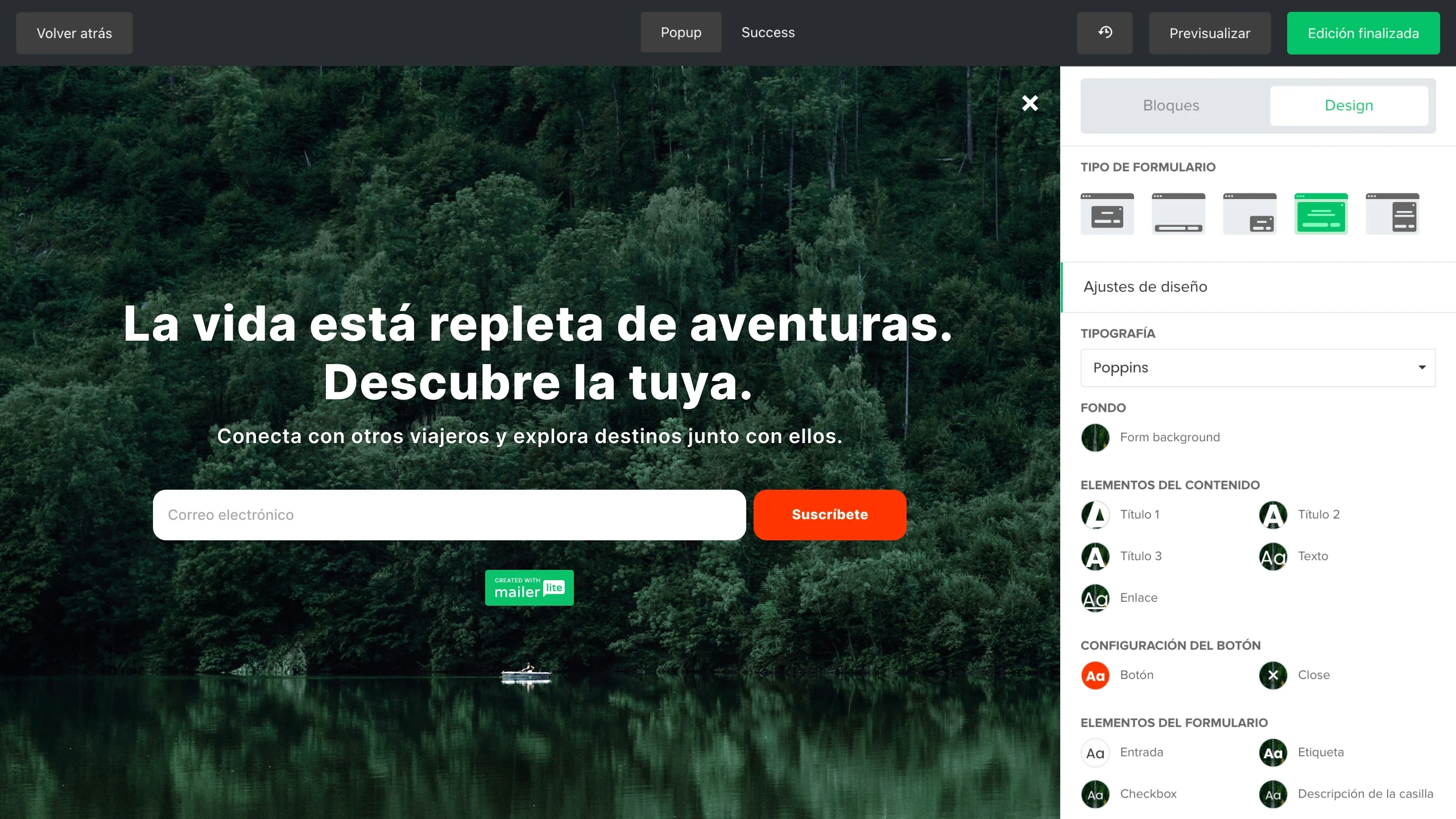 Vista del creador de formularios de MailerLite