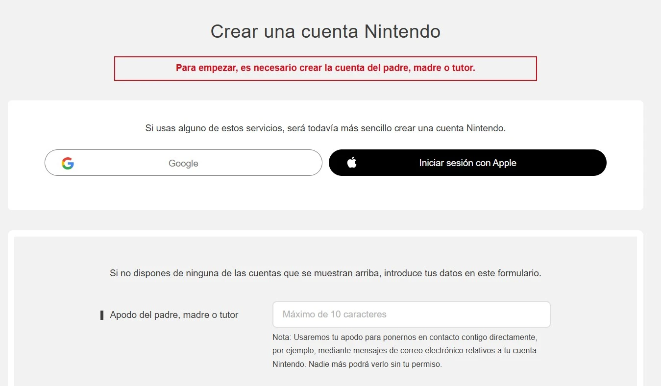 Ejemplo de formulario de suscripción con verificación de edad de Nintendo