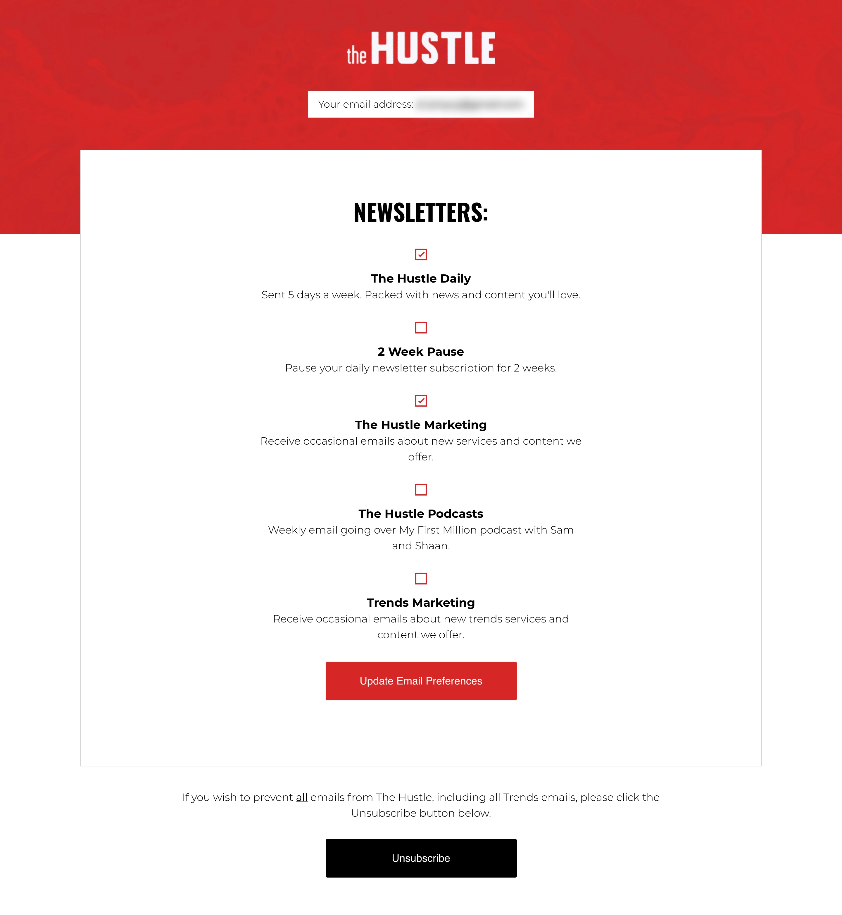 Hustle email unsubscribe page