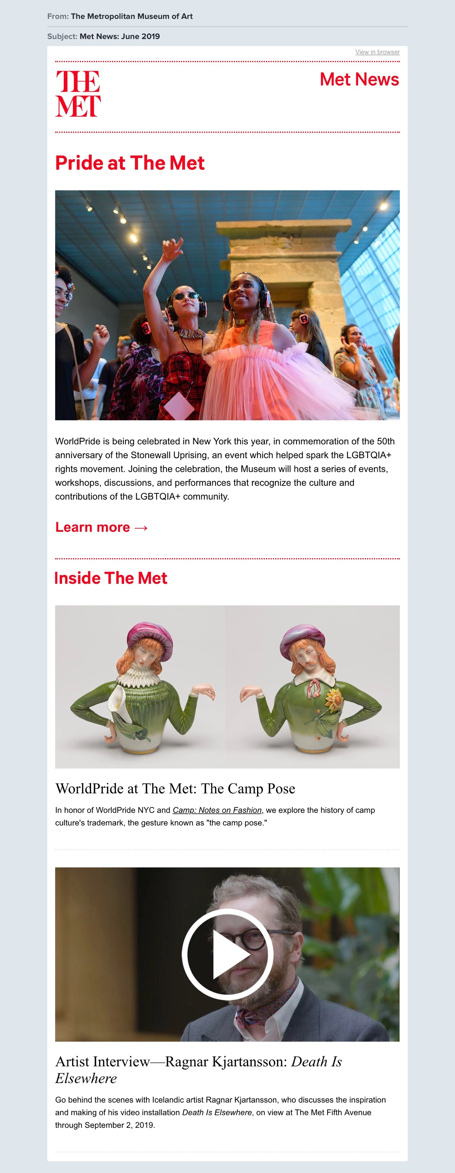 The Met artist newsletter example with video interview - mailerlite