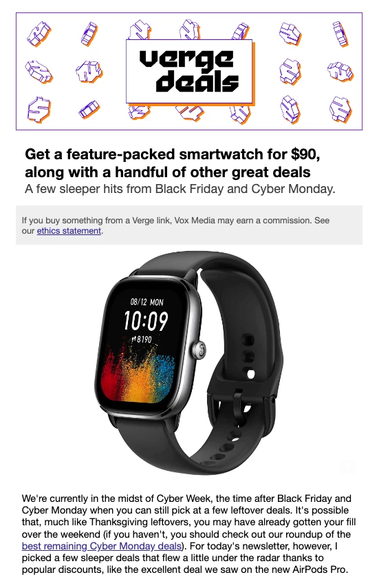 The Verge Deals Black Friday newsletter example