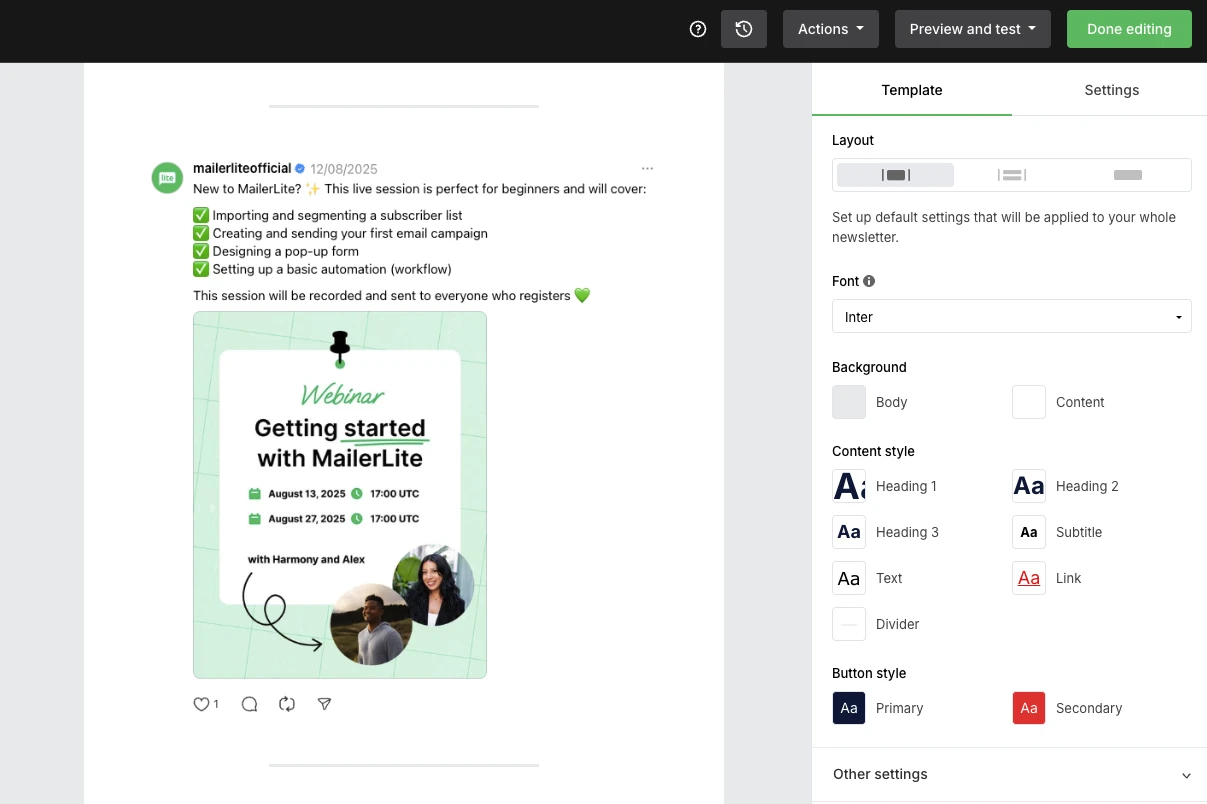 A Threads post embedded in a MailerLite email