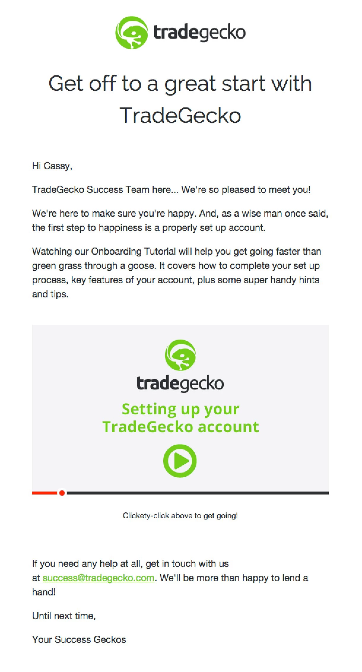 TradeGecko welcome email example bright green colours