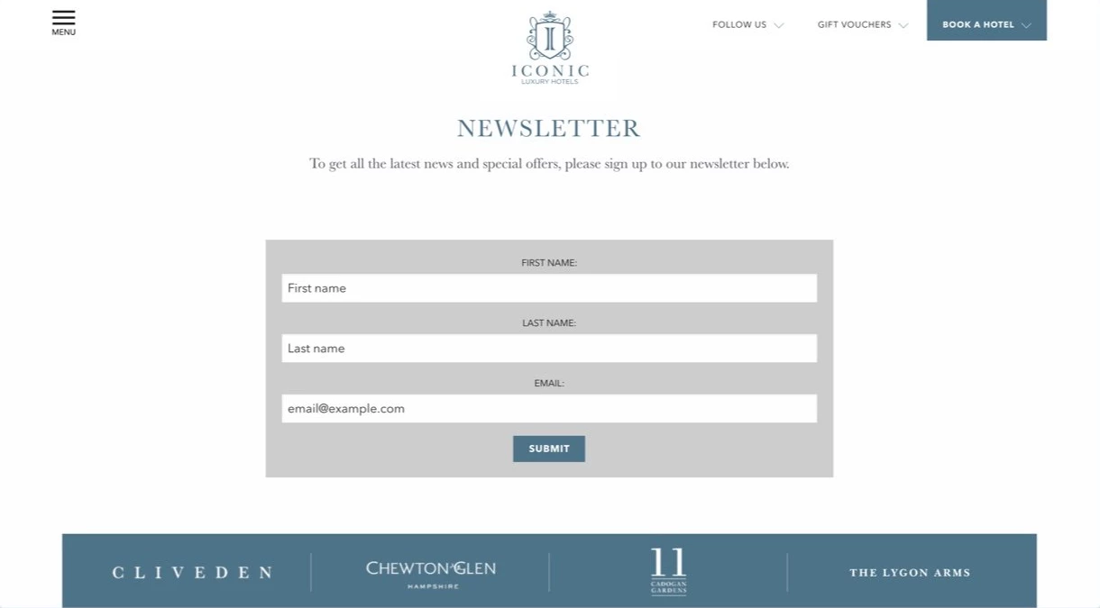 Iconic Luxury Hotel signup form example