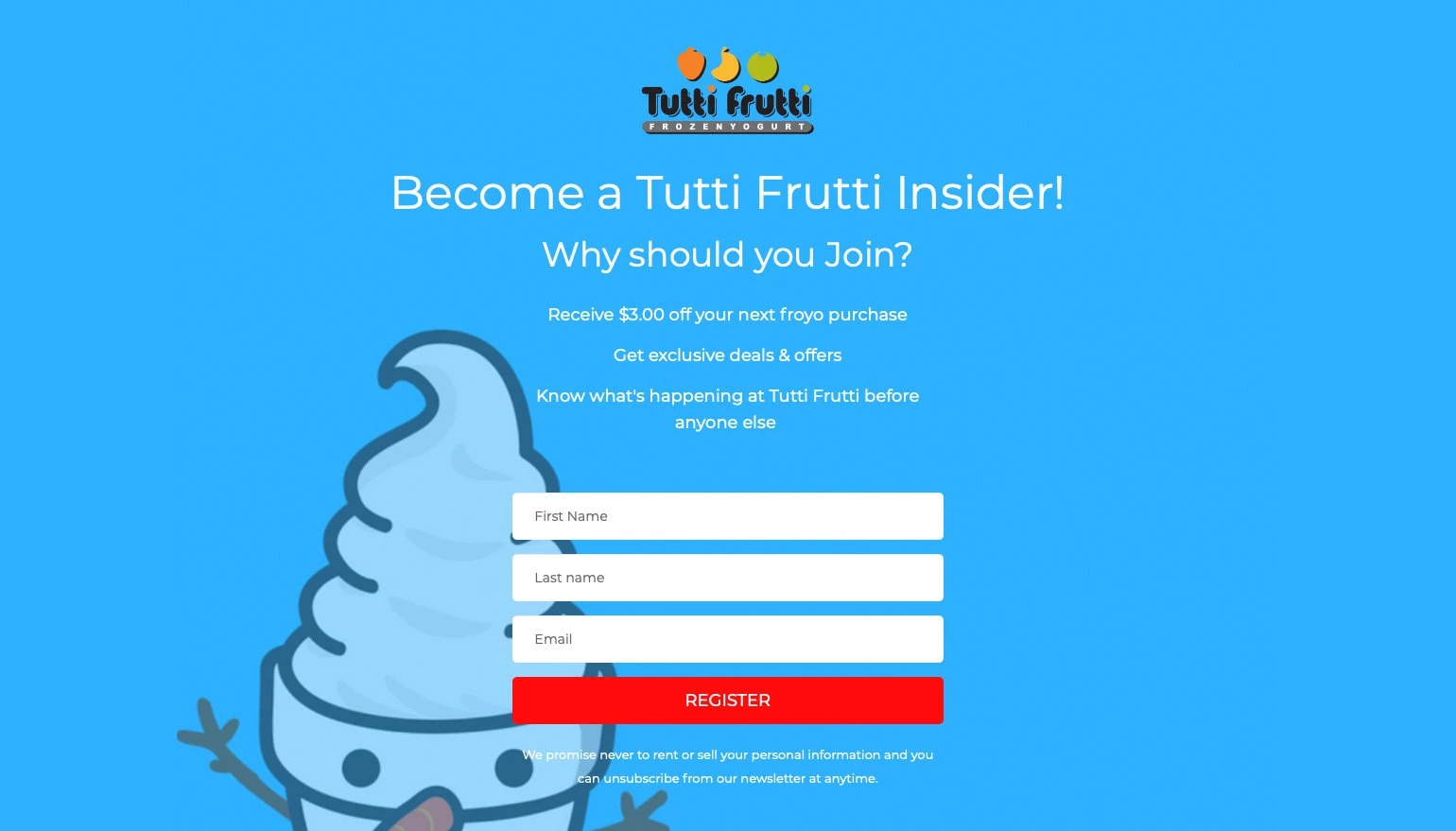 restaurant email list building - Tutti Frutti opt-in landing page