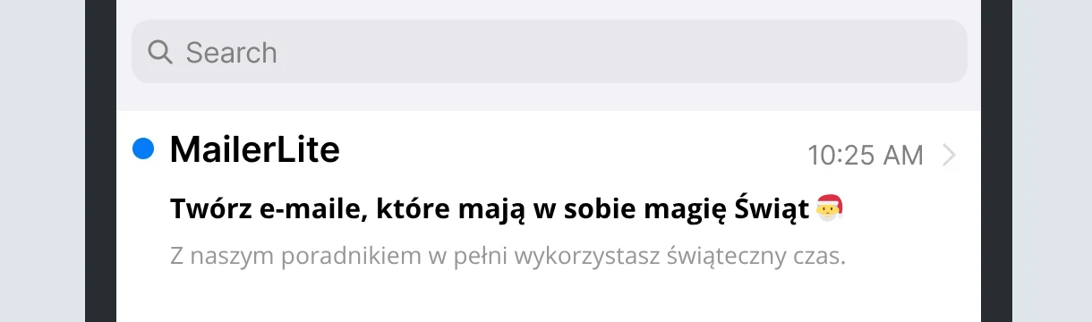 Przykład tekstu podglądu e-maila o treści: Twórz e-maile, które mają w sobie magię Świąt. Z naszym przewodnikiem w pełni wykorzystasz świąteczny czas.