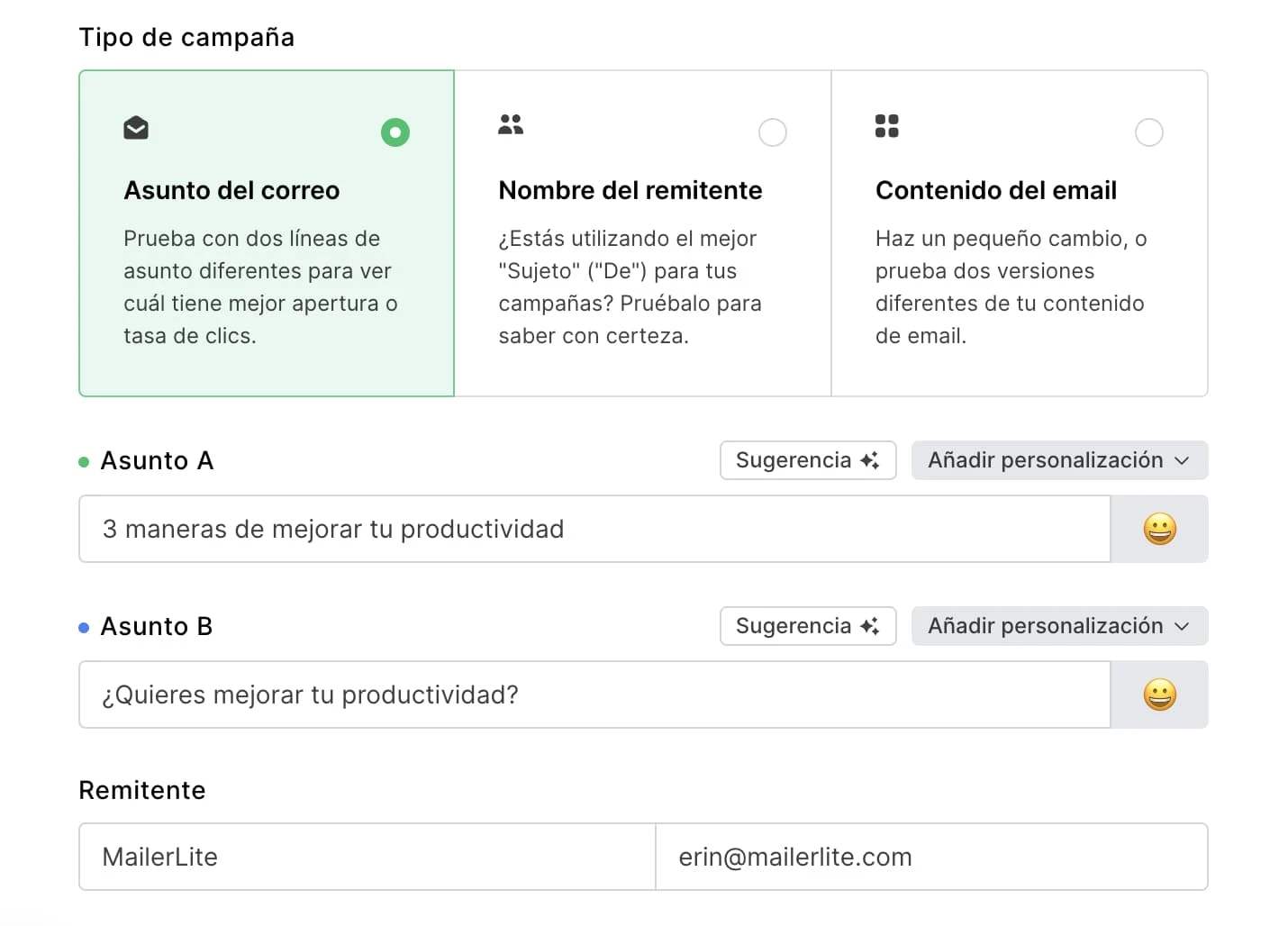 Prueba A/B de la línea de asunto del correo