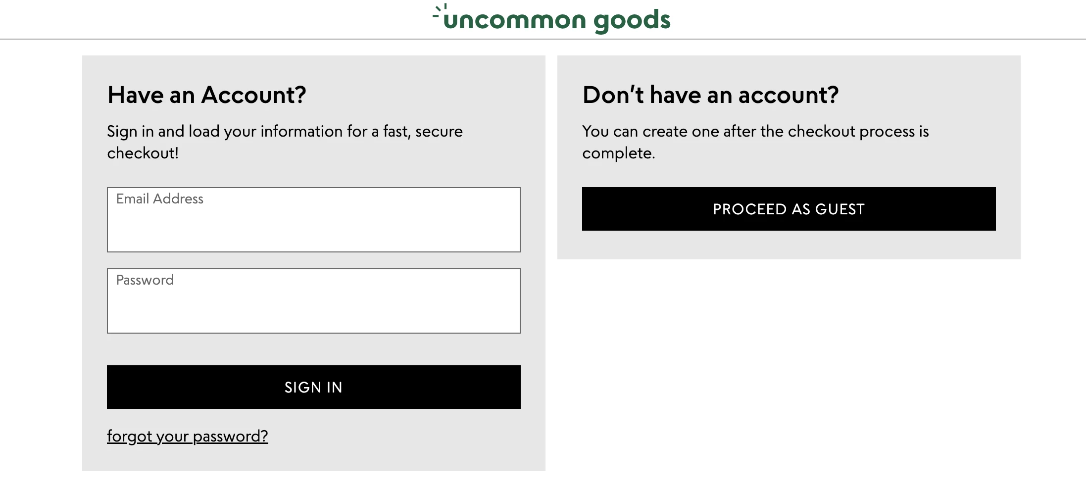 Example of guest checkout option on the Uncommon Goods website