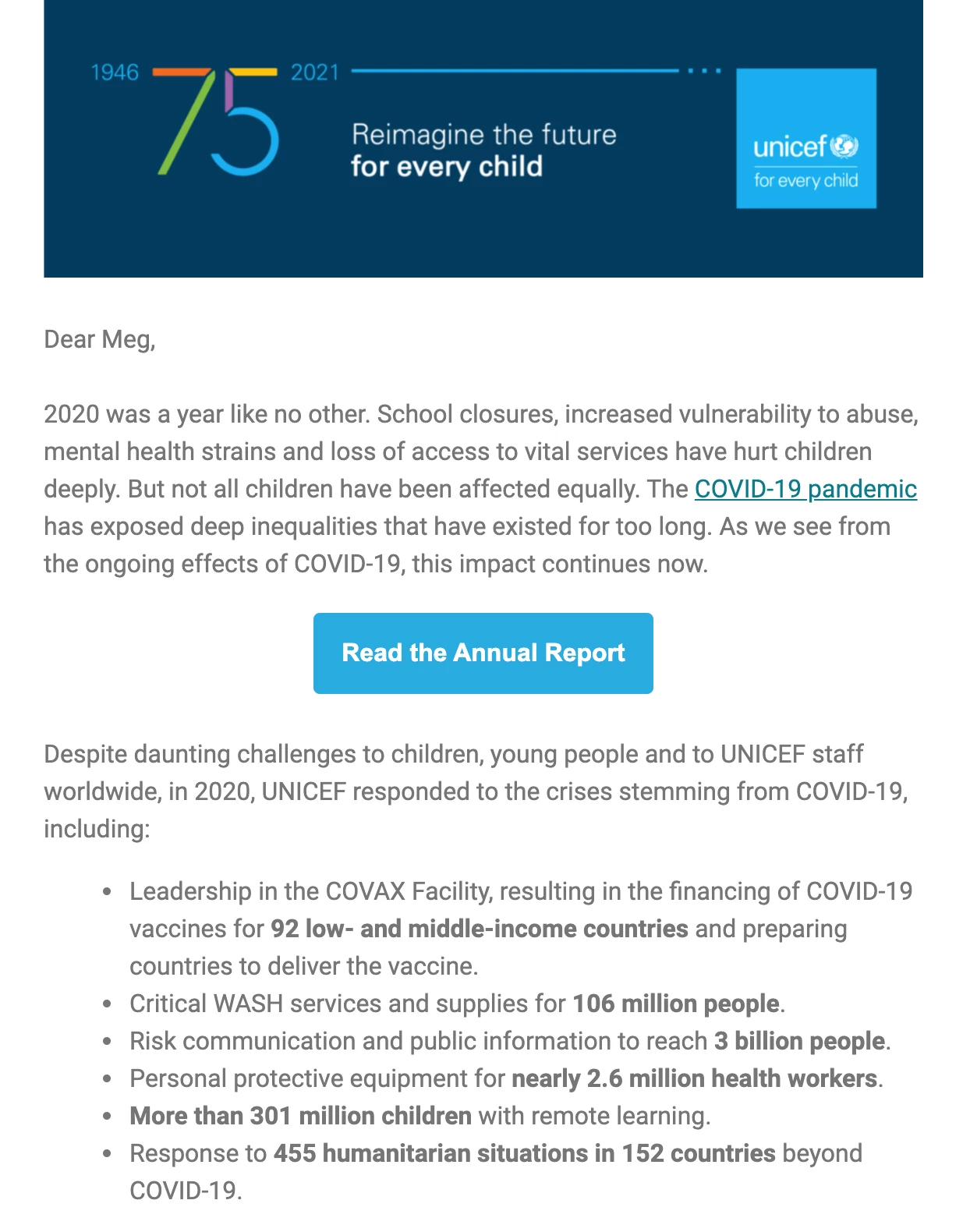 UNICEF annual report nonprofit newsletter example