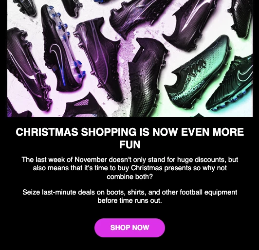 Christmas email from Unisport featuring Black Friday colour schemes