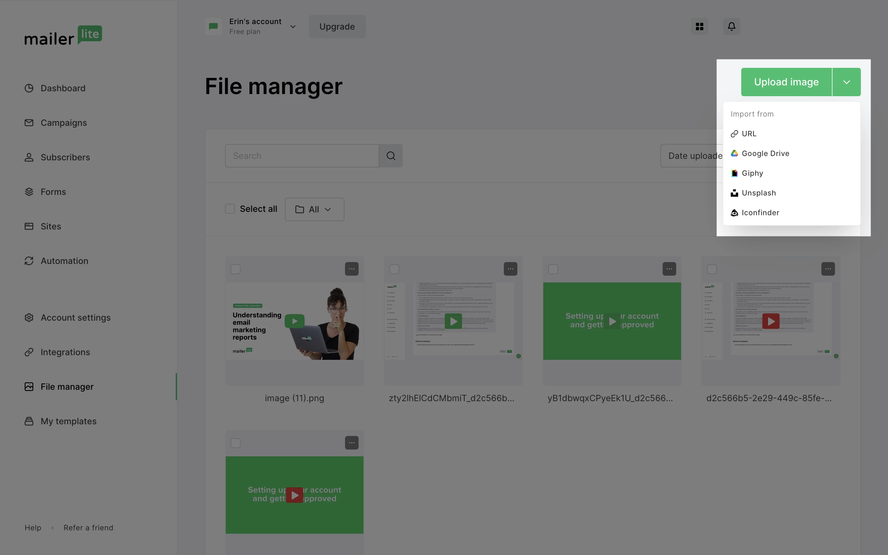 MailerLite File Manager dropdown menu 