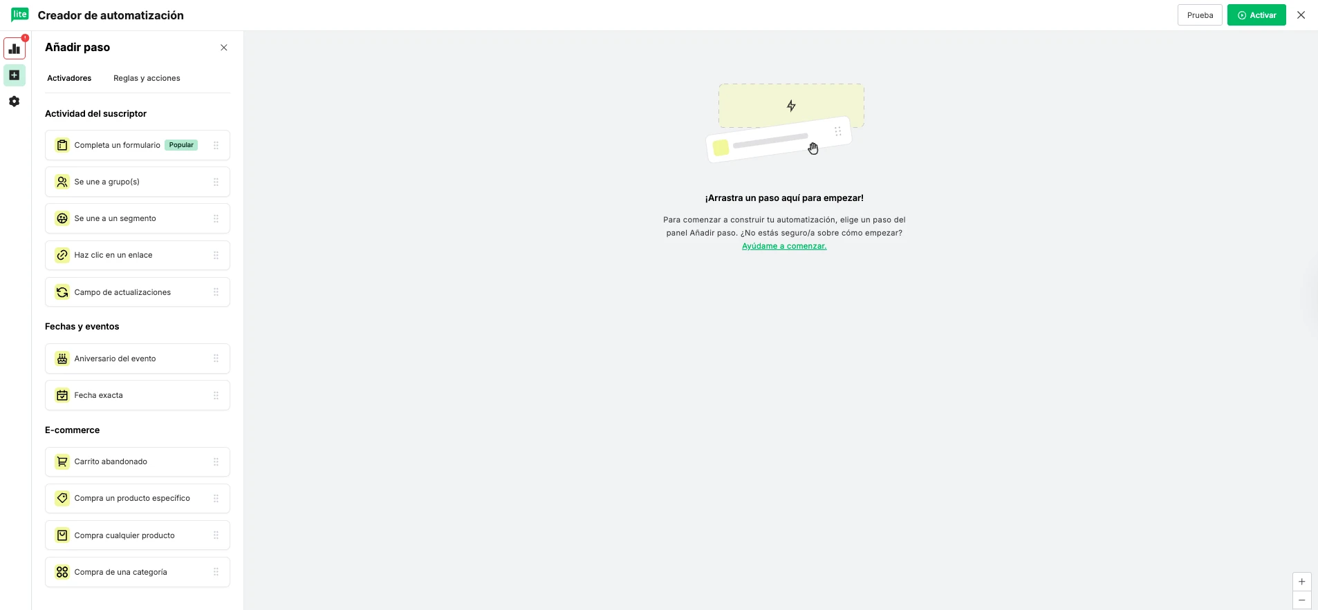 Captura de pantalla del nuevo generador con arrastrar y soltar de MailerLite.