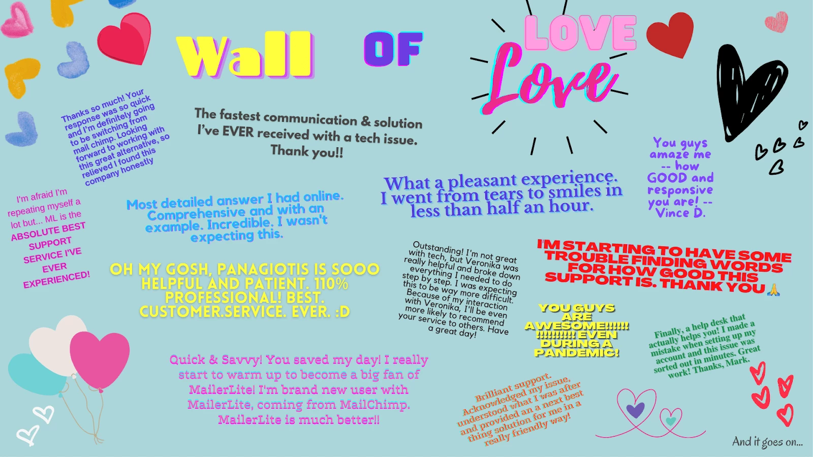 Feedback from happy customers colorful wall of love - mailerlite