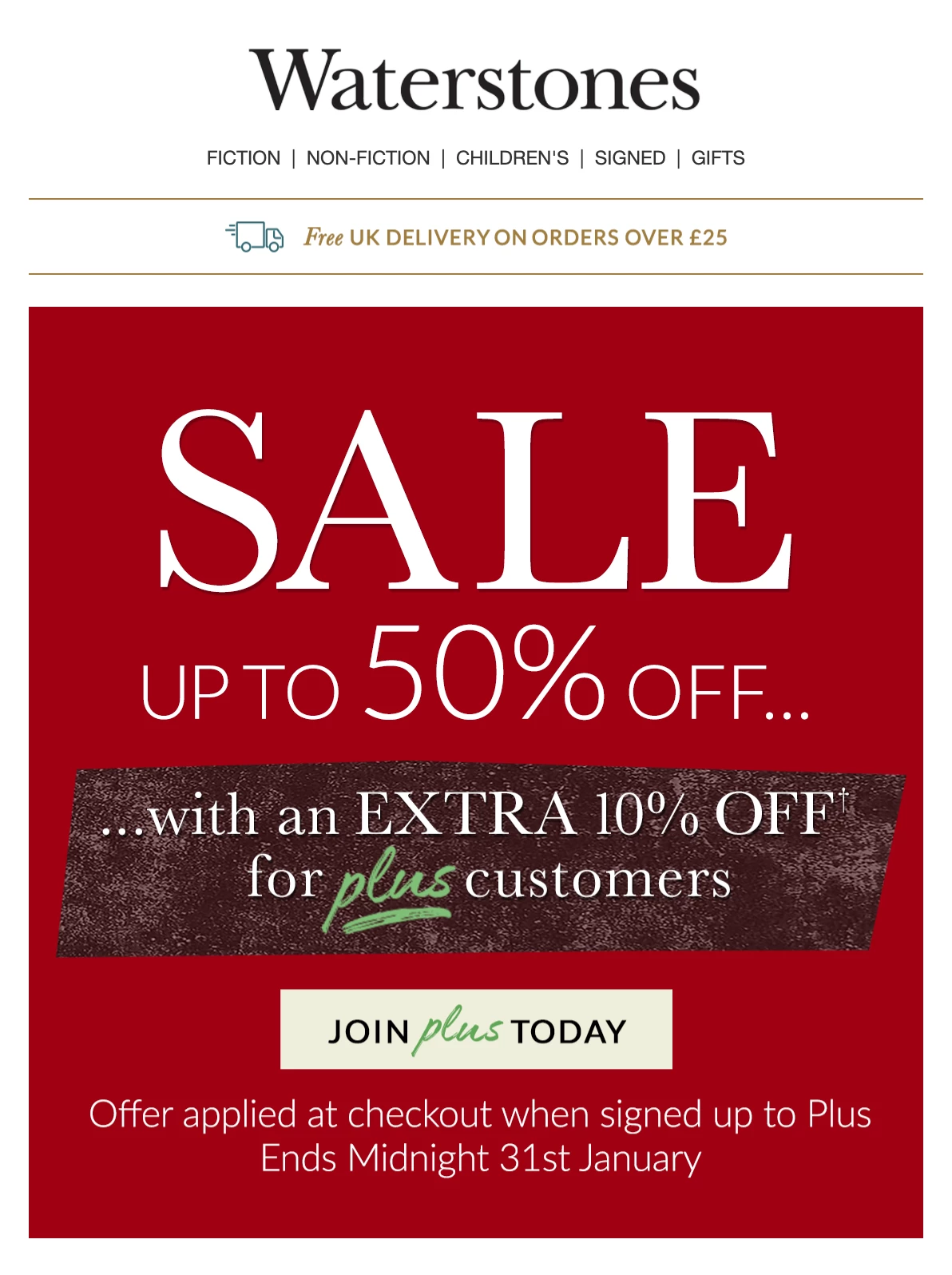 Waterstones 50% sale email until 31st January